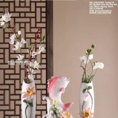 TƯỢNG CÁ VÀ CẶP BÌNH HOA SEN ĐẮP NỔI